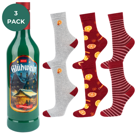 3 Paare von lustigen Socken mit Glühweinmotiv in einzigartiger Verpackung | Damen-/Herensocken | SOXO